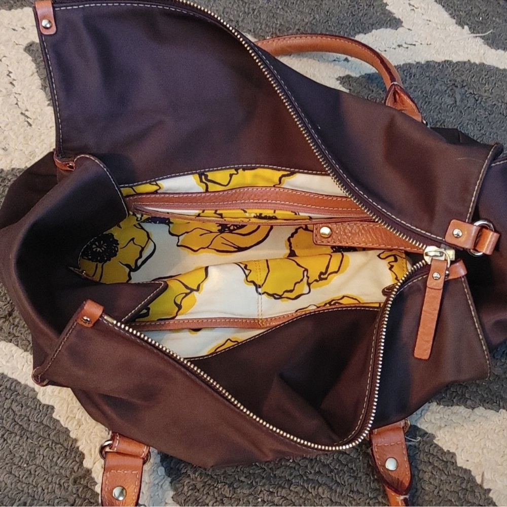 Kate Spade Vintage Brown Nylon & Tan Leather Trim & Handled Women's Satchel - Picture 4 of 16